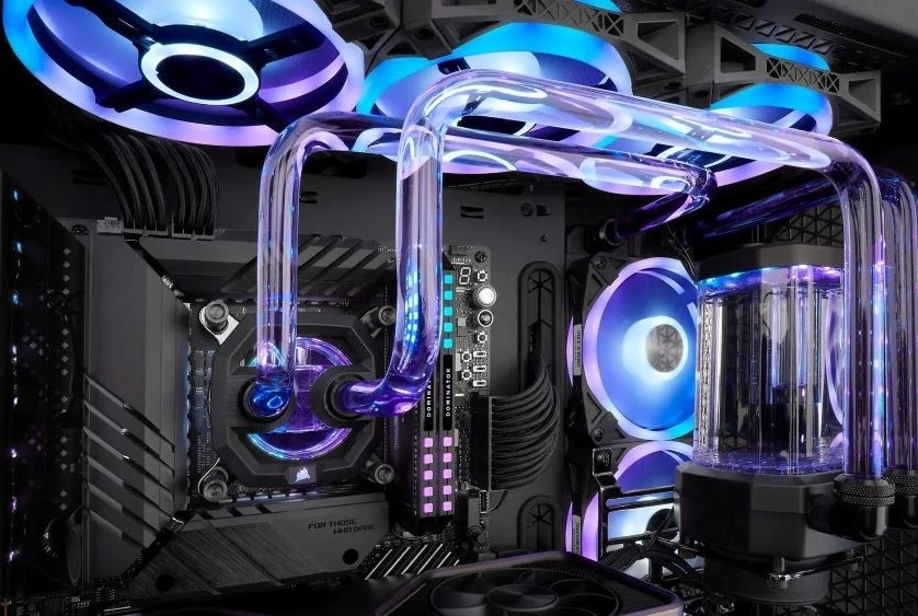  A high-performance gaming PC with a custom liquid cooling setup, optimized for overclocking.